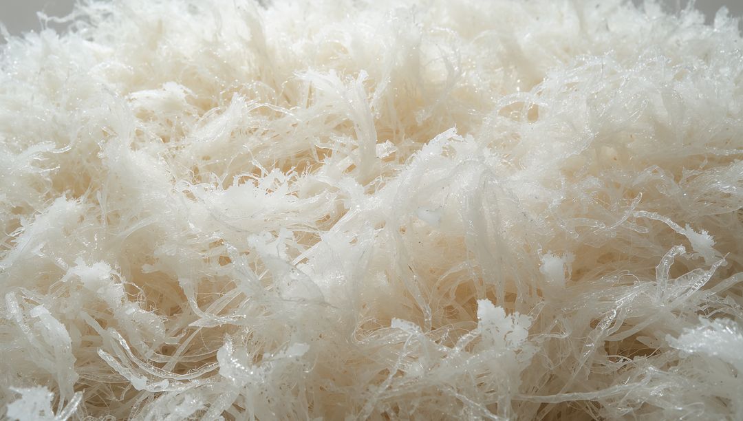 Macro texture showing translucent filaments with glistening droplets, fluffy fibrous mass