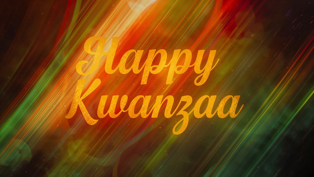 Happy Kwanzaa glowing card with diagonal light streaks, vibrant bokeh and warm gradient