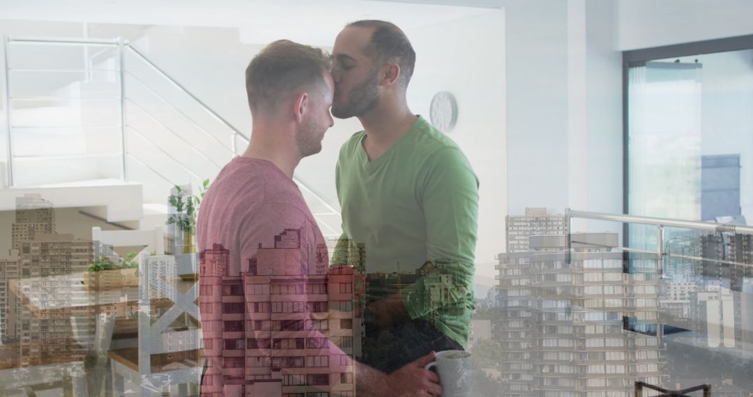 Interracial Male Couple Embracing with Cityscape Distort Effect