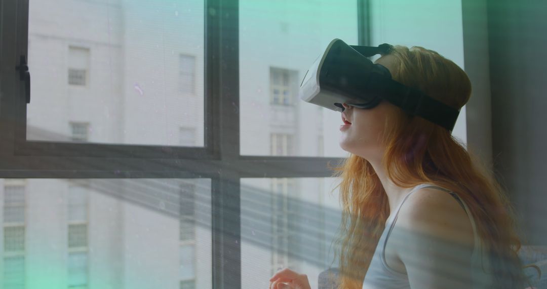 Woman Engaged with Virtual Reality Headset and Digital Enhancements