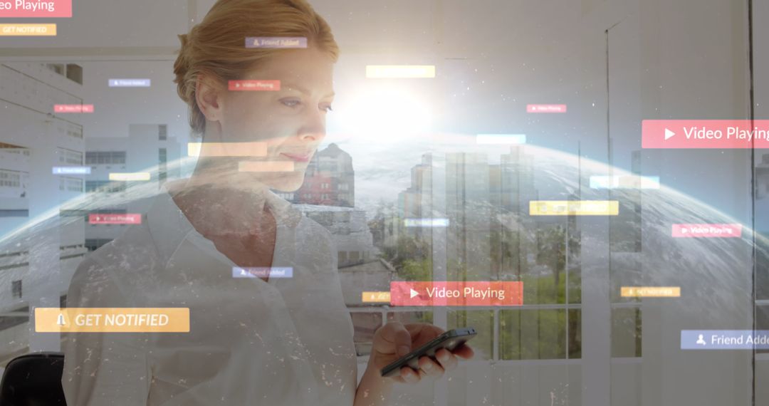 Businesswoman Engaging with Social Media Icons on Smartphone