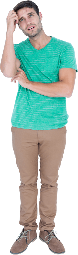 Confused Man in Green T-shirt on Transparent Background