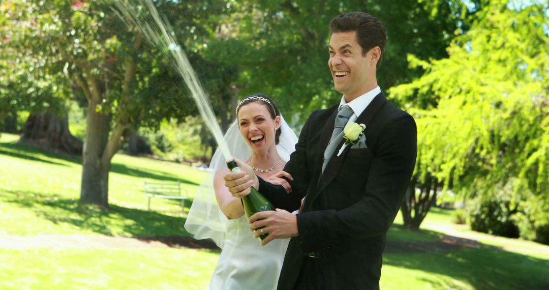 Joyful Couple Popping Champagne Celebration Outdoors - Free Images, Stock Photos and Pictures on Pikwizard.com