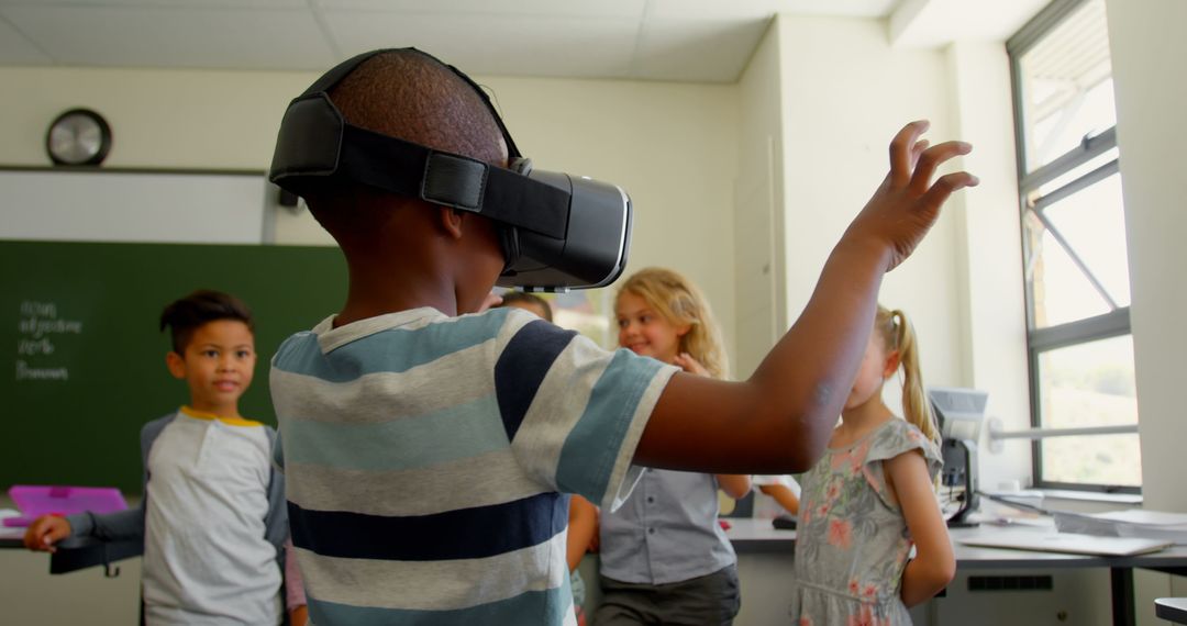 Schoolboy Engaged with Virtual Reality Technology in Classroom