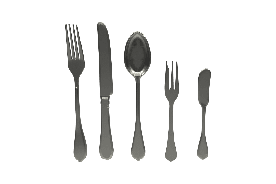 Transparent Silver Cutlery Set Including Forks, Knives, Spoons