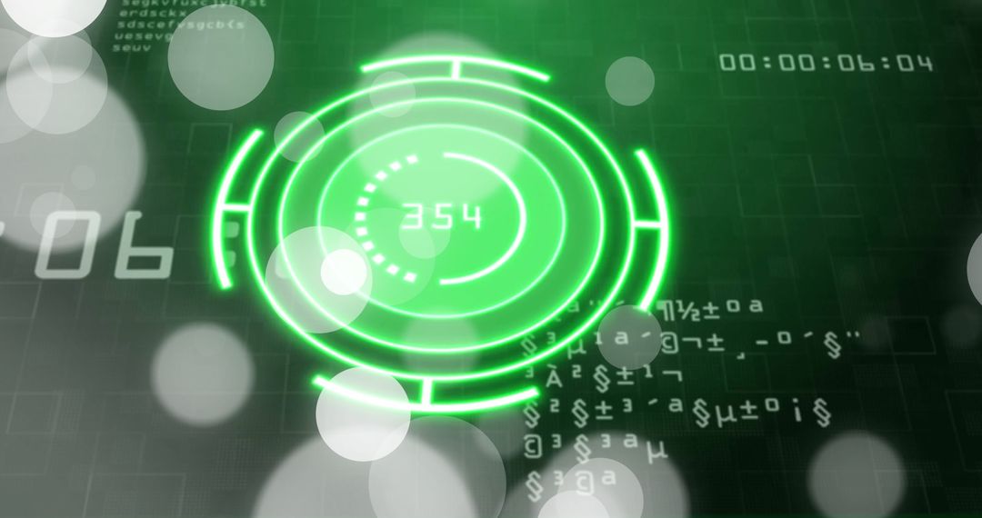 Futuristic Green HUD with Alphanumeric Code and Bokeh Effects