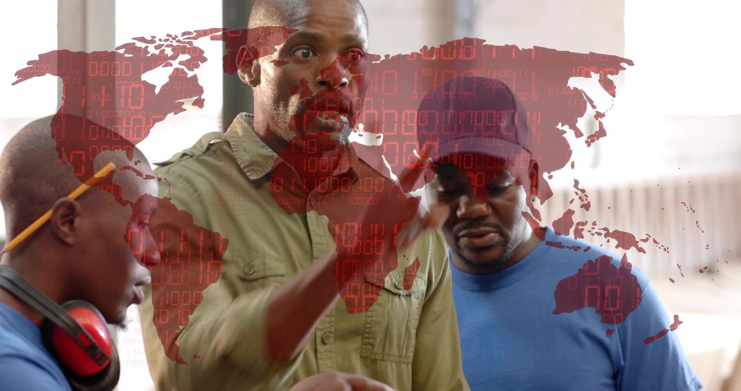 Leading team briefing in industrial workshop with red global data overlay showcasing teamwork