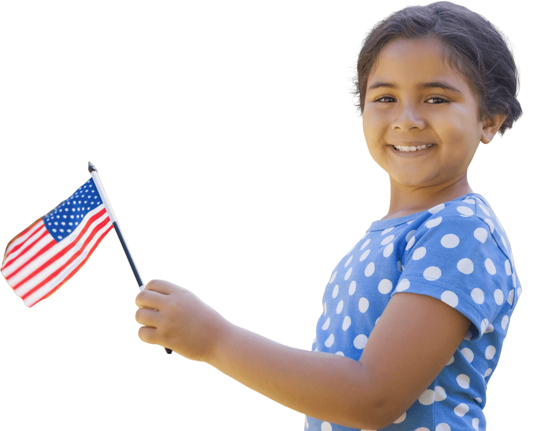 Smiling Girl Holding American Flag on Transparent Background
