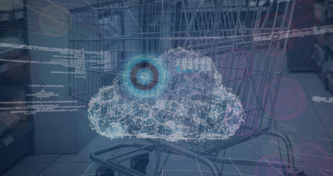 Digital Cloud Visualization with Shopping Cart in Supermarket Aisle