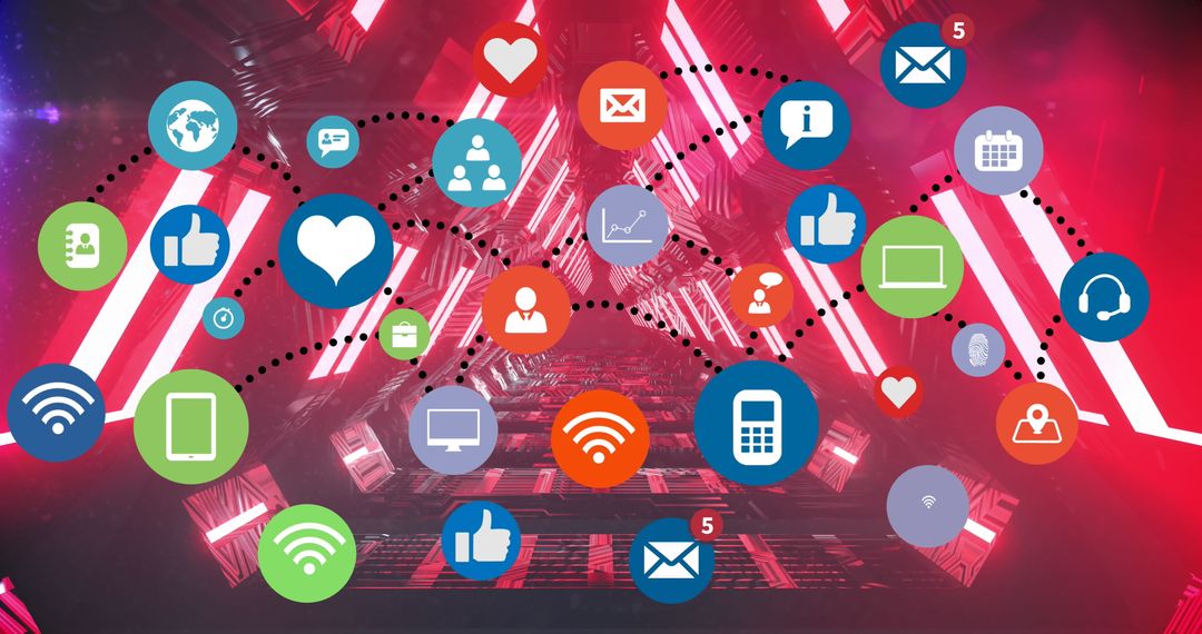 Digital Connection with Media Icons in Futuristic Tunnel