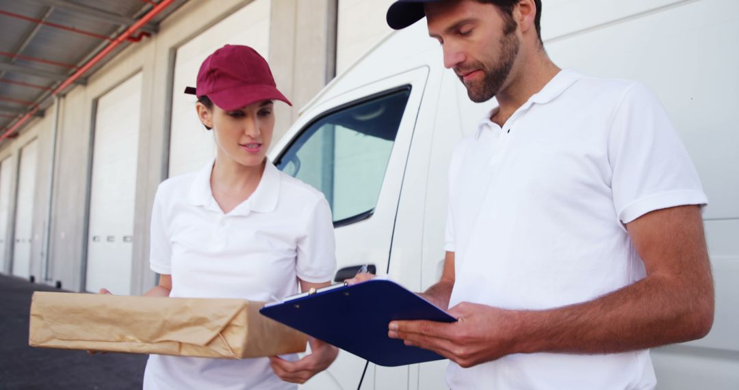 Delivery Workers Discussing Details with Package and Clipboard - Free Images, Stock Photos and Pictures on Pikwizard.com