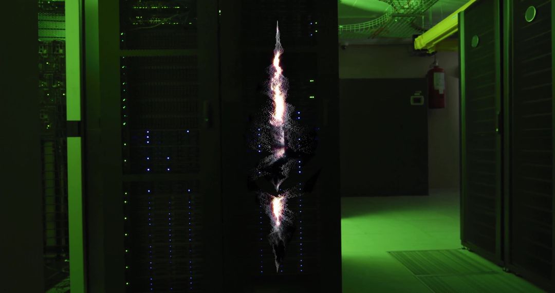 Abstract Geometric Shape Overlay in Futuristic Green-Lit Server Room