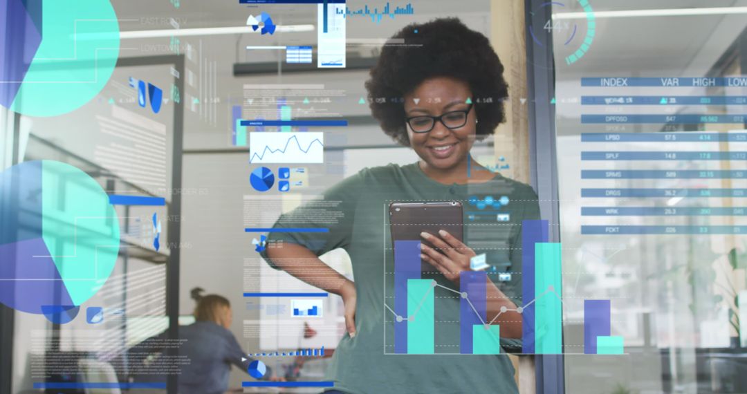 African American Woman Analyzing Data on Digital Interface