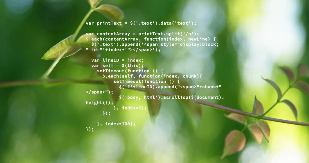 Code Overlay on Green Leaves Background Symbolizes Tech-Nature Connection