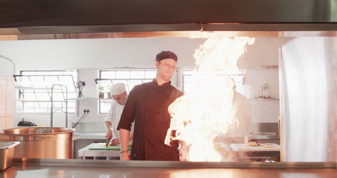 Chefs Working in a Professional Restaurant Kitchen with Flames on Stove - Free Images, Stock Photos and Pictures on Pikwizard.com