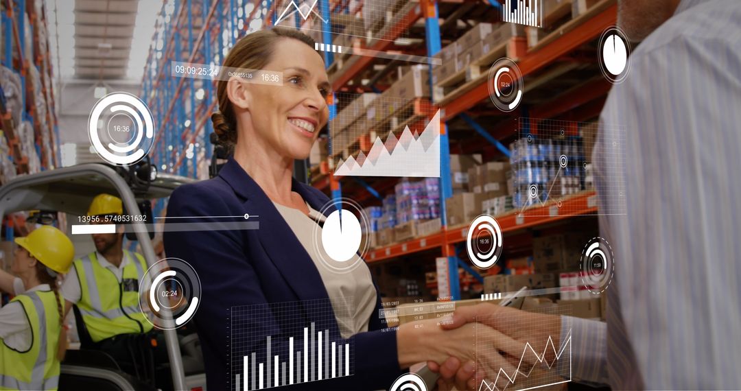 Business People Shaking Hands with Data Visualizations