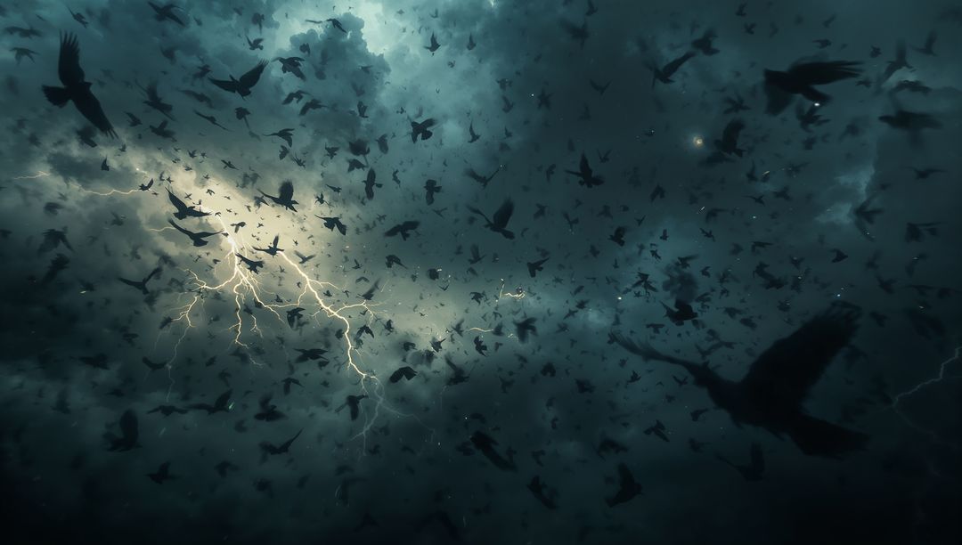 Flock of Birds Flying Through Thunderous Strom Clouds