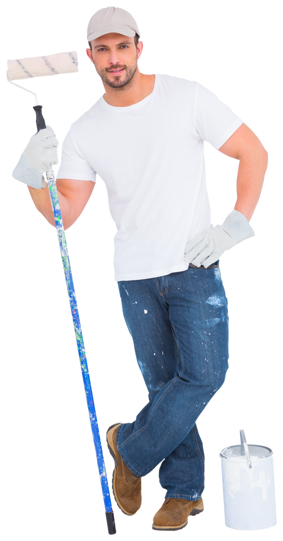 Transparent Background Handsome Painter with Roller and Paint Can - Download Free Stock Images Pikwizard.com