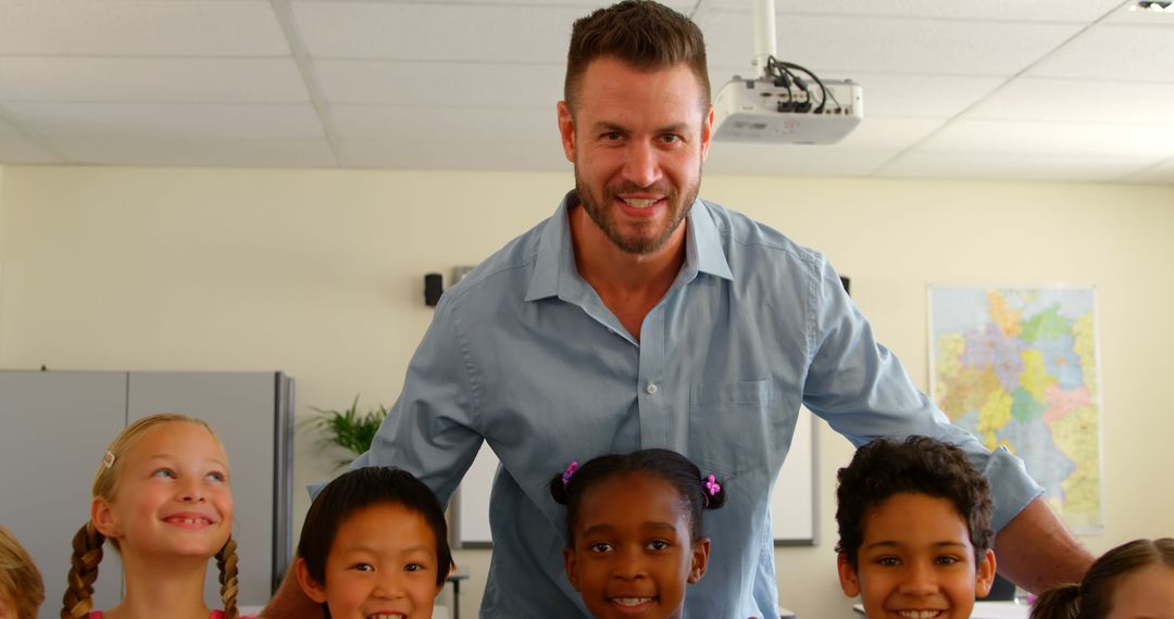 Smiling Teacher with Diverse Classroom Students