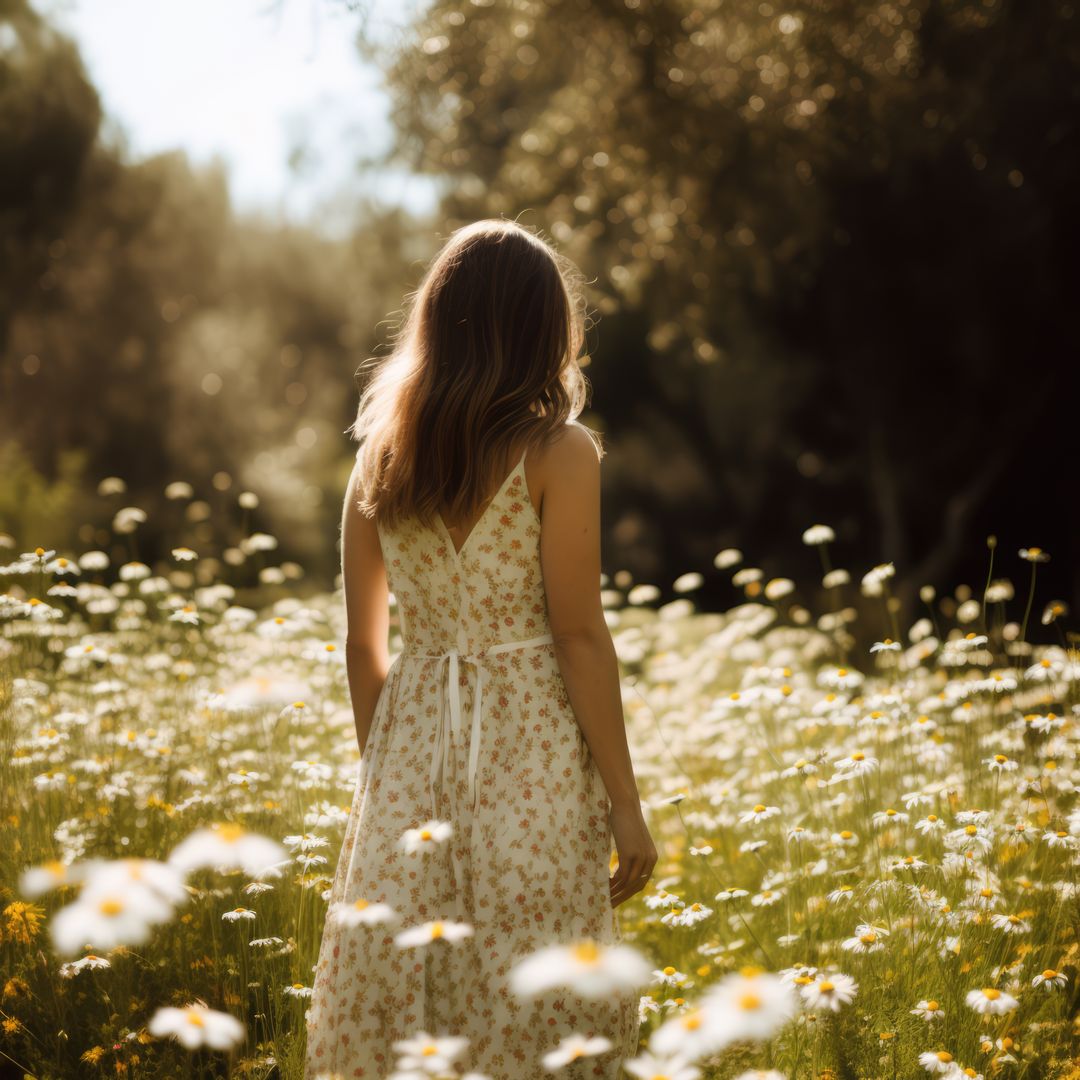 Caucasian woman walking in meadow with multiple white daisies created using generative ai technology - Free Images, Stock Photos and Pictures on Pikwizard.com