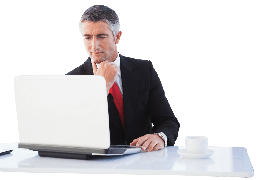 Confident Businessman Working on Laptop with Transparent Background