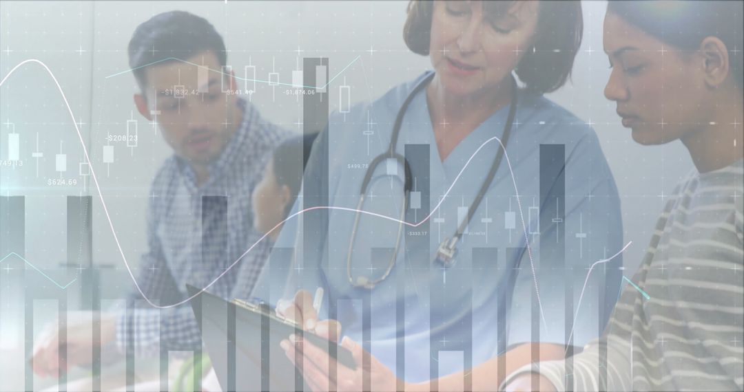 Healthcare Innovation: Diverse Team Analyzing Financial Data