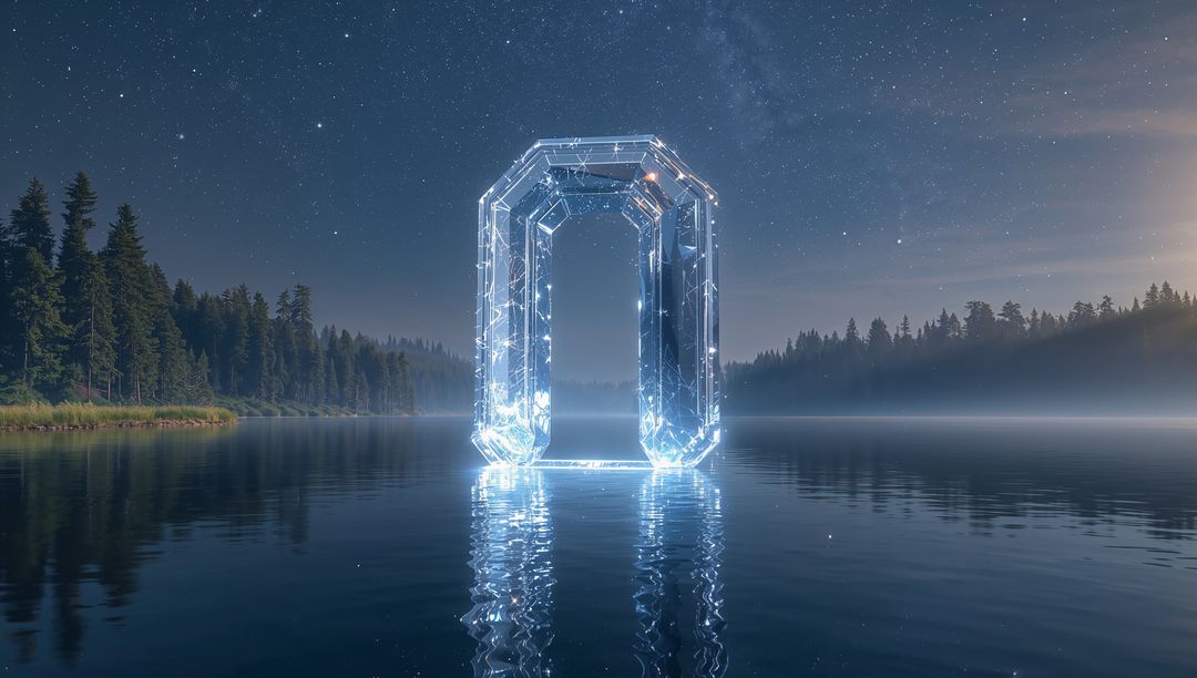 Glowing Futuristic Archway on Serene Night Lake