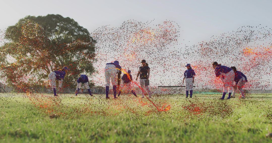 Young Baseball Team Stretching with Explosive Visual Effect