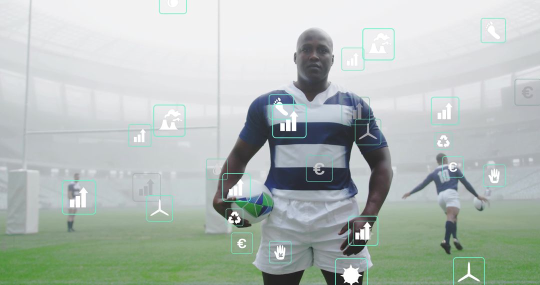 Rugby player with performance analytics overlays on stadium pitch holding ball