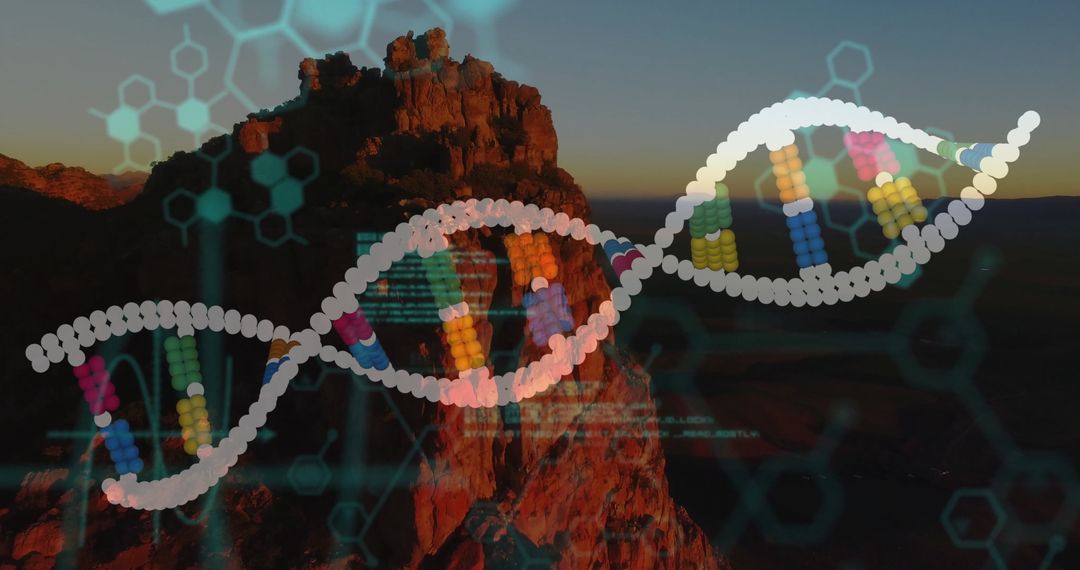 Futuristic DNA Helix Above Mesas With Digital Molecular Network