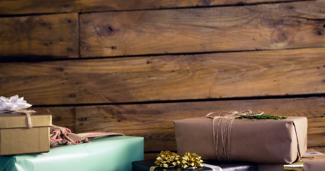 Assorted Gift Boxes on Rustic Wooden Background