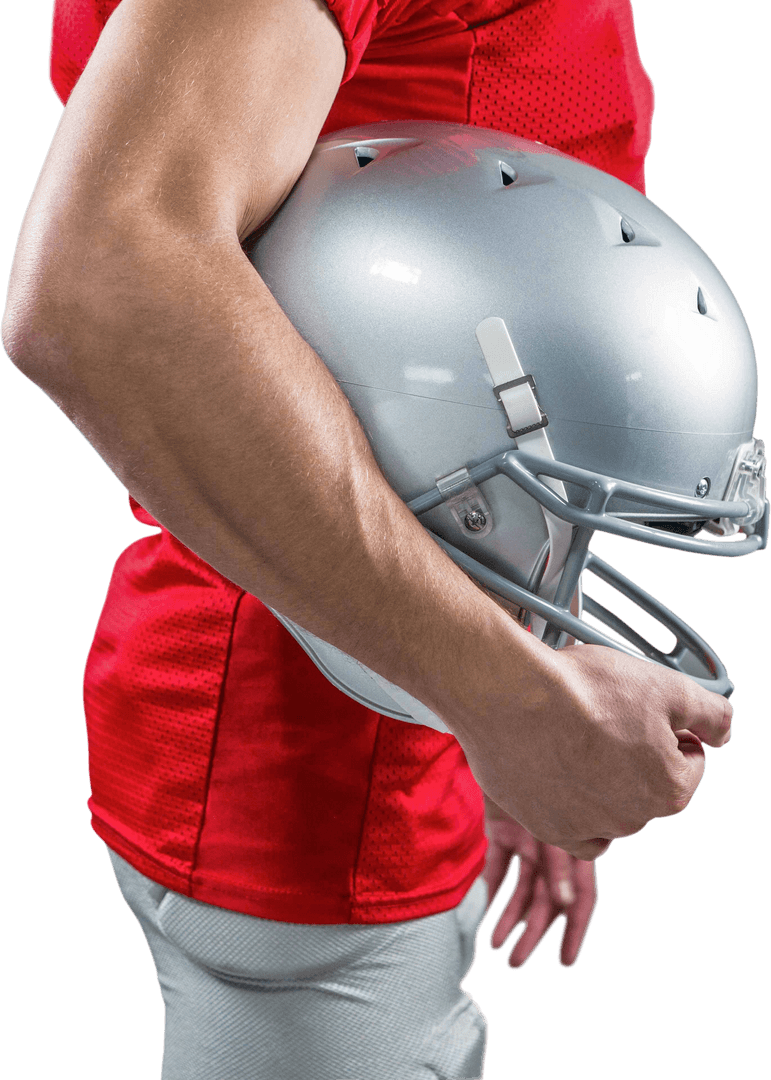 Arm of Football Player Holding Helmet with Transparent Background