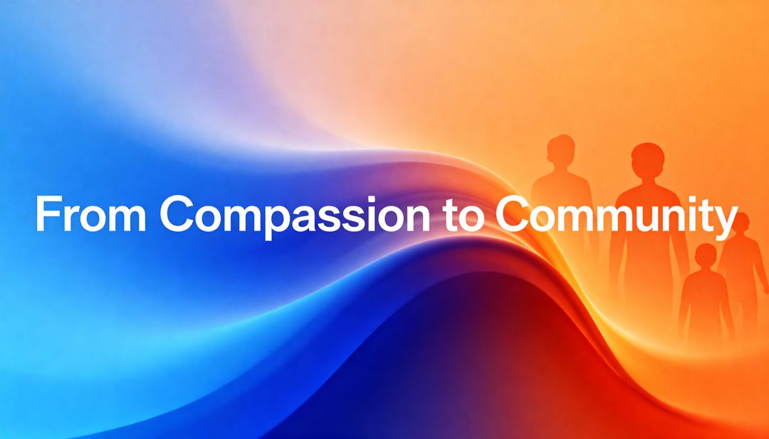 From Compassion to Community — Blue Orange Gradient Wave with Glowing Human Silhouettes