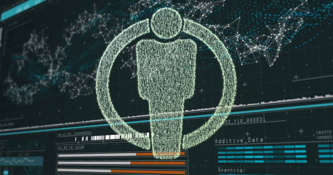 Futuristic Wireframe Human Silhouette with Digital Interface Elements