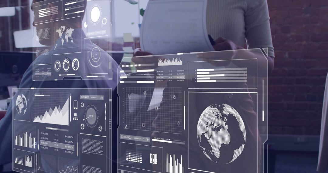 Business Team Collaborating with Futuristic Digital Interface Panels