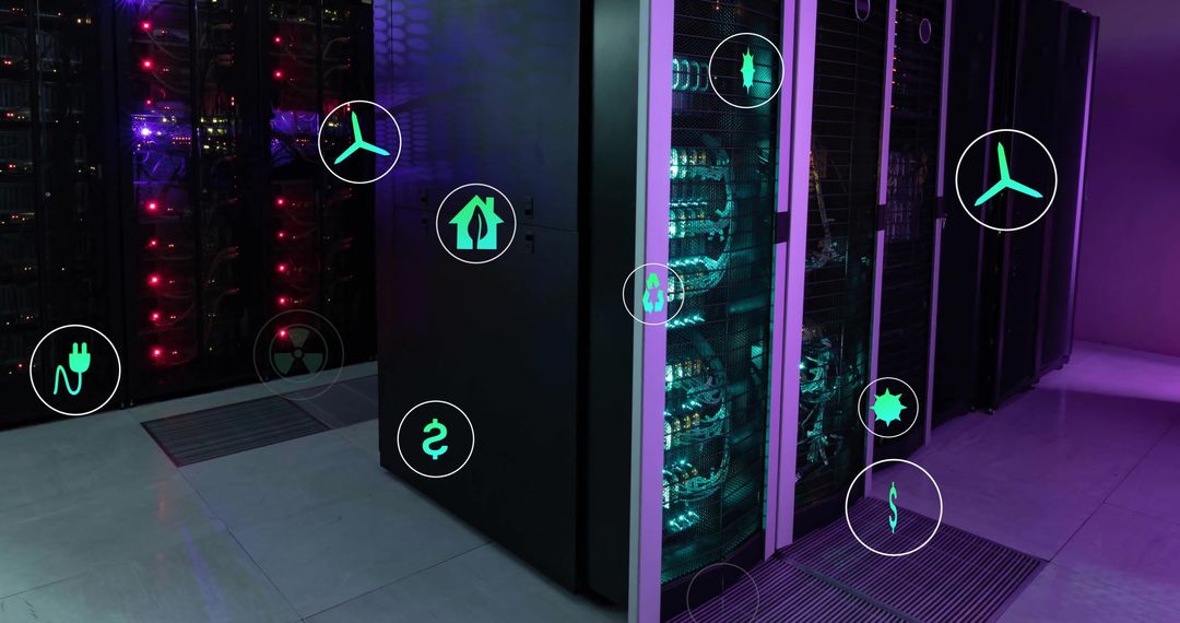 Eco-Friendly Icons Over Computer Servers Illustrating Green Technology