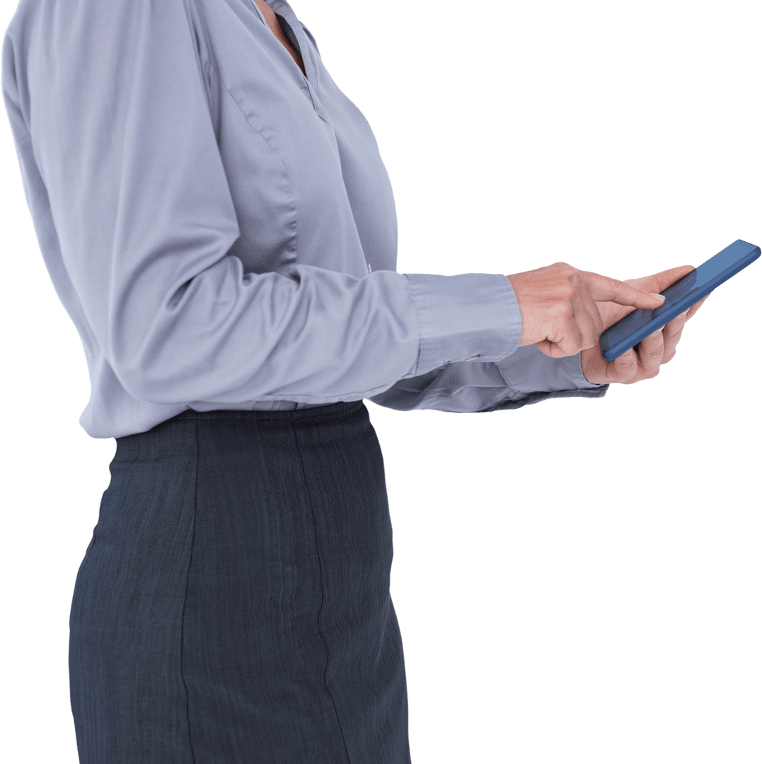 Businesswoman Interacting With Transparent Smartphone in Profile View