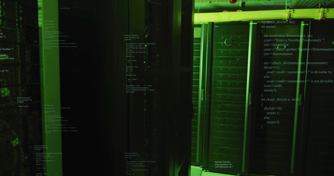 Secure Server Room with Green LED Light and Overlay Code