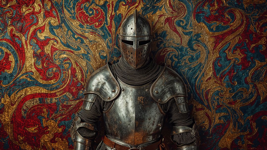 Majestic Knight in Full Armor with Ornate Medieval Tapestry
