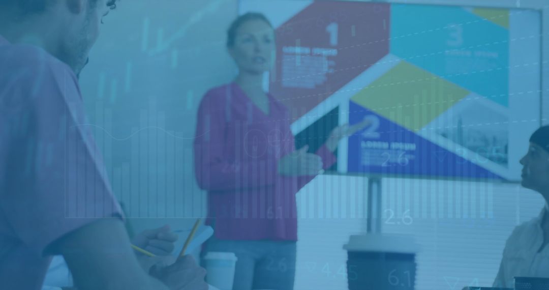 Businesswoman Presenting Statistical Data to Team in Modern Office