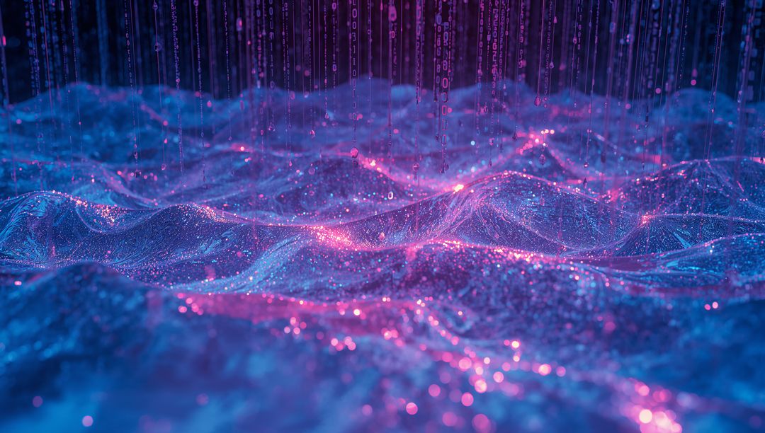Pulsating Neon Mesh Landscape with Binary Code Rain