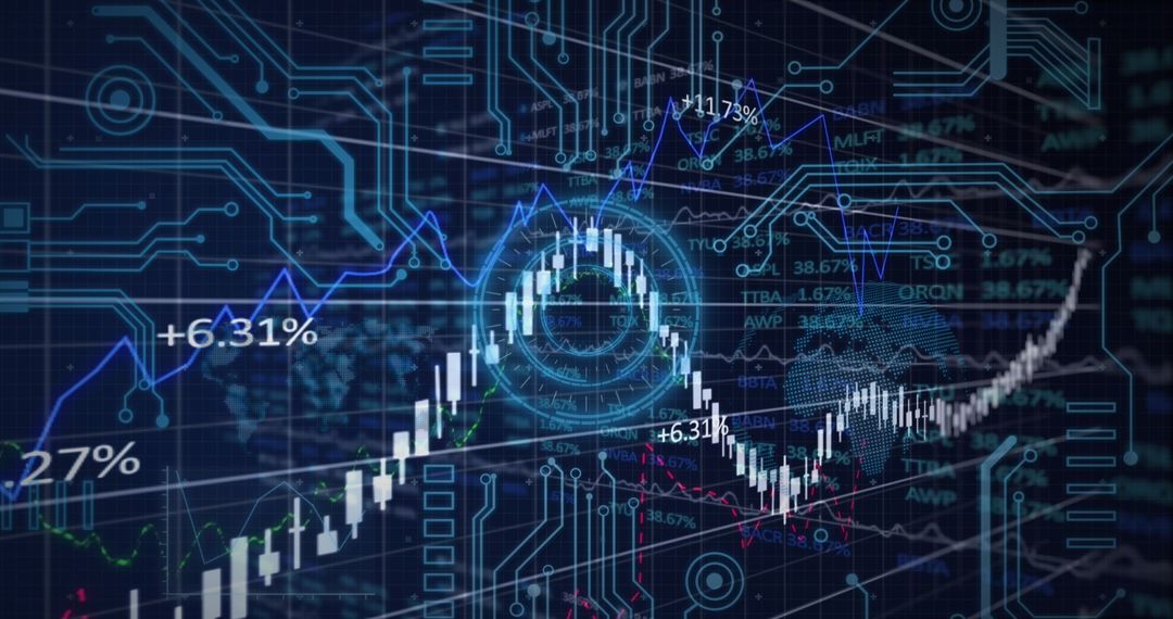 Digital Financial Graph with Circuit Board Interface on Blue Background