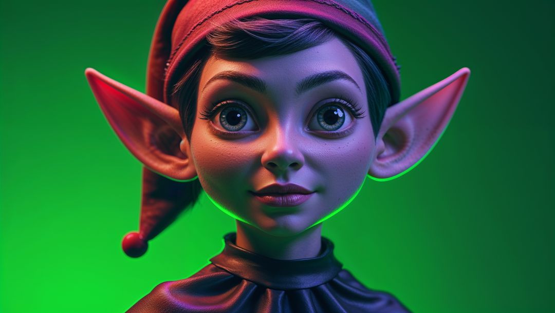 Whimsical Elf Character in Festive Hat Against Green Backdrop