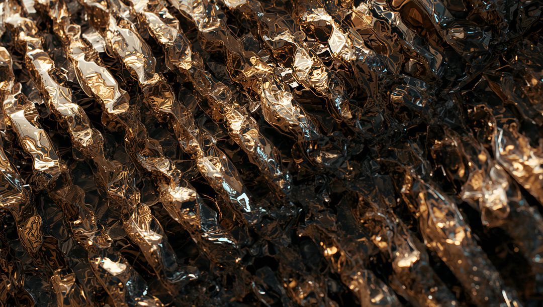 Crumpled Metallic Foil Reflecting Warm Light with Ribbed Texture and Shimmering Facets