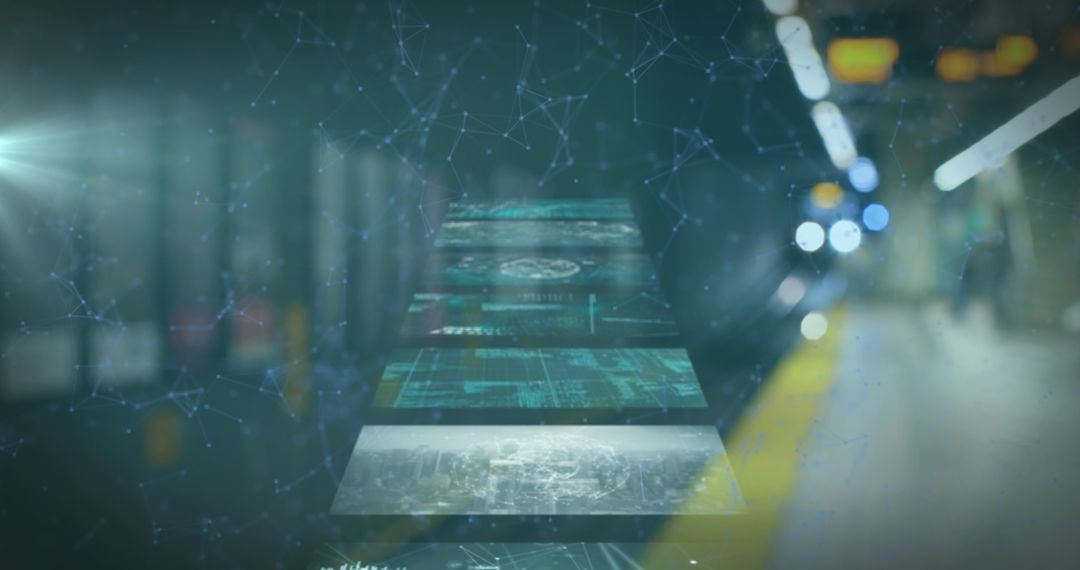 Futuristic Technology Overlay on Railway Station