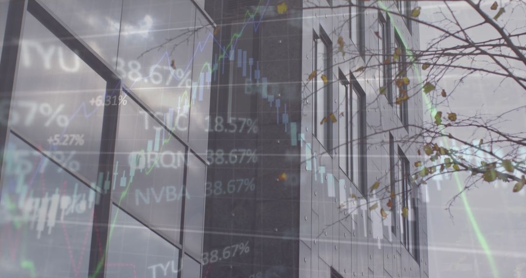 Financial Data and Graphs Superimposed on Urban Buildings