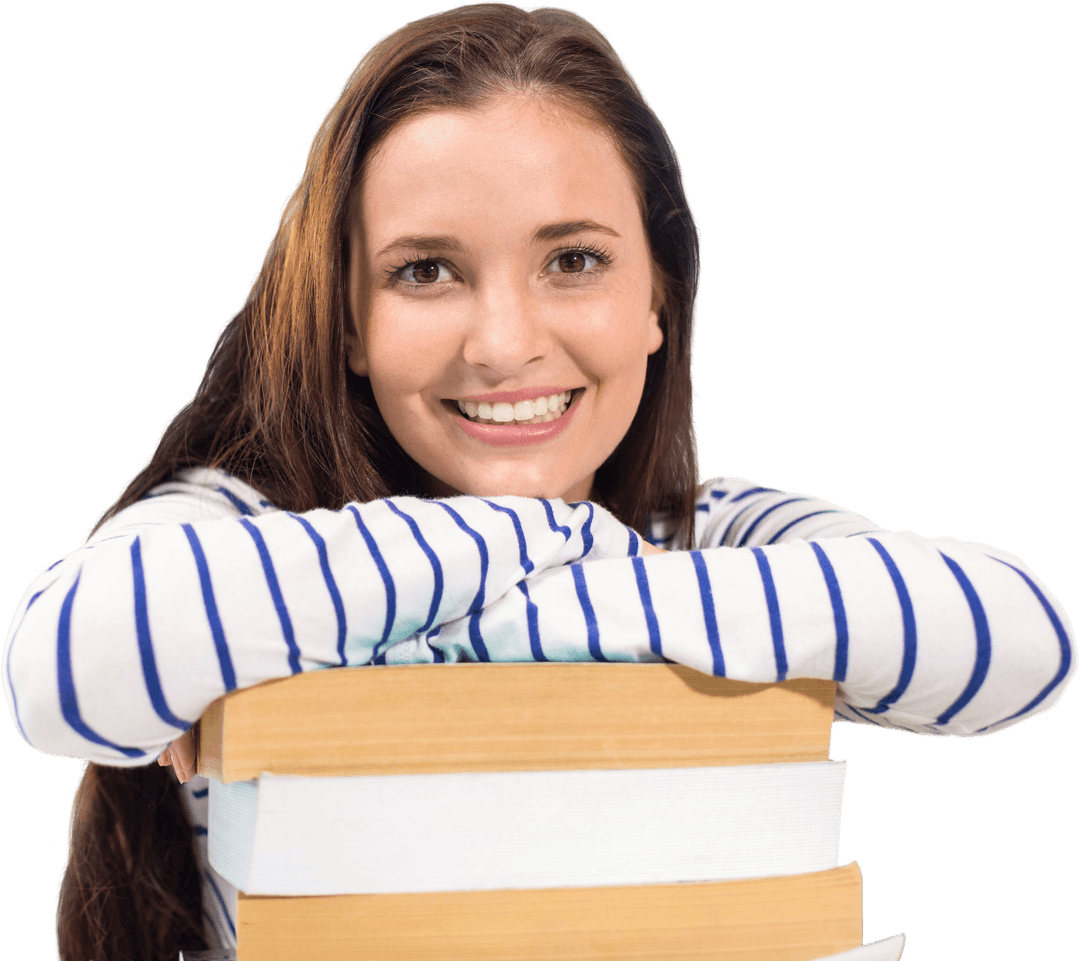 Smiling Caucasian Woman with Books on Transparent Background