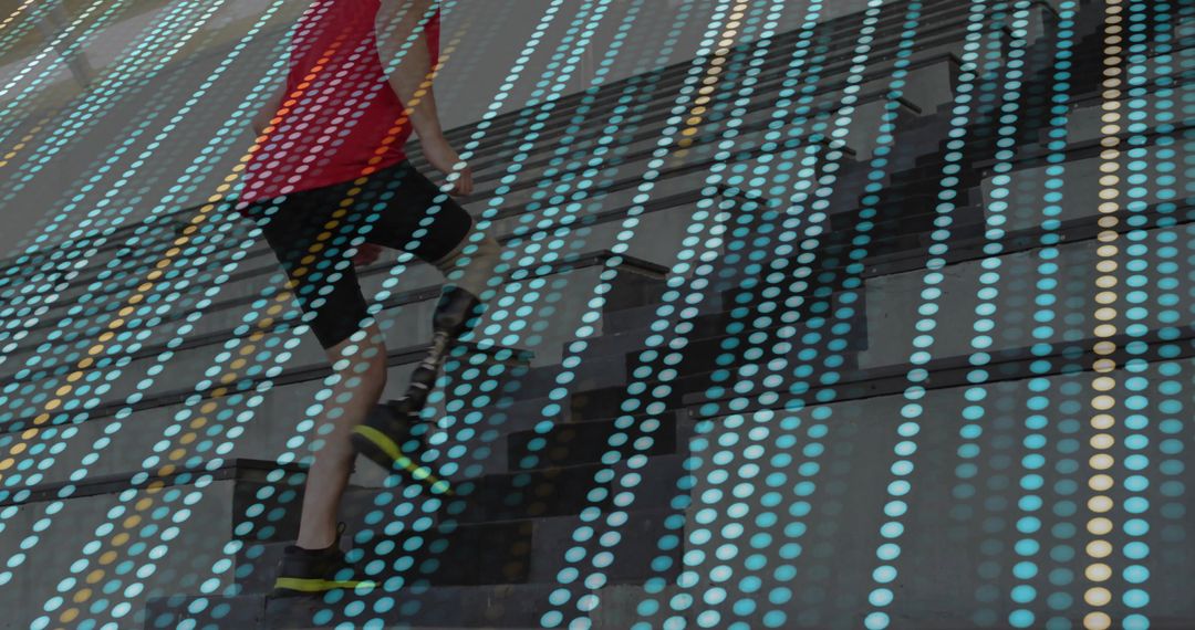 Athlete in Urban Stairwell with Digital Design Overlay