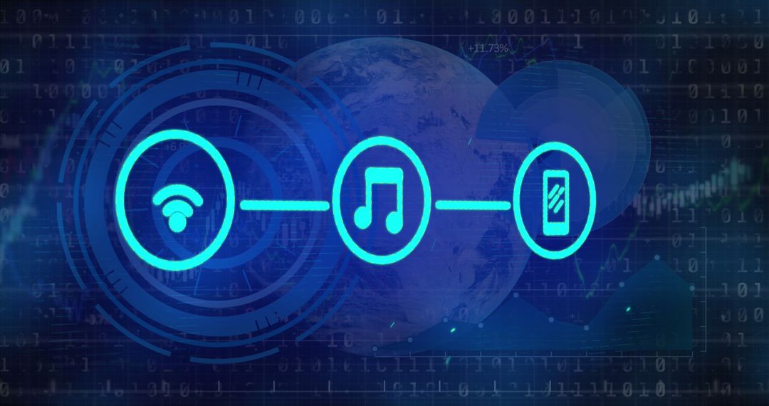 Digital Network Connectivity and Communication Icons on Dark Global Background