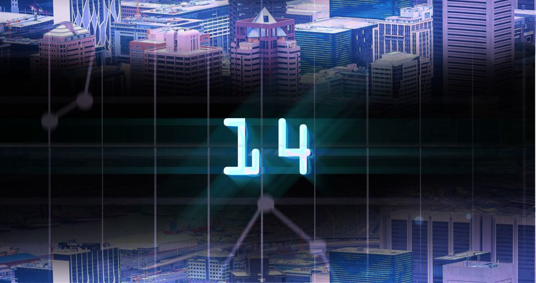 Digital Countdown Number Fourteen Overlapping Cityscape